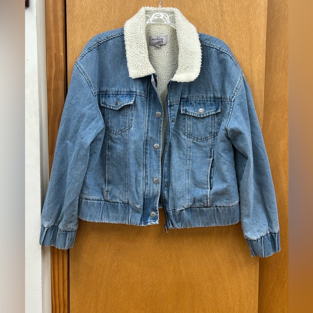 NWOT Working Title Denim Sherpa-Lined Jacket with Zipper and Snap Buttons Sz XL